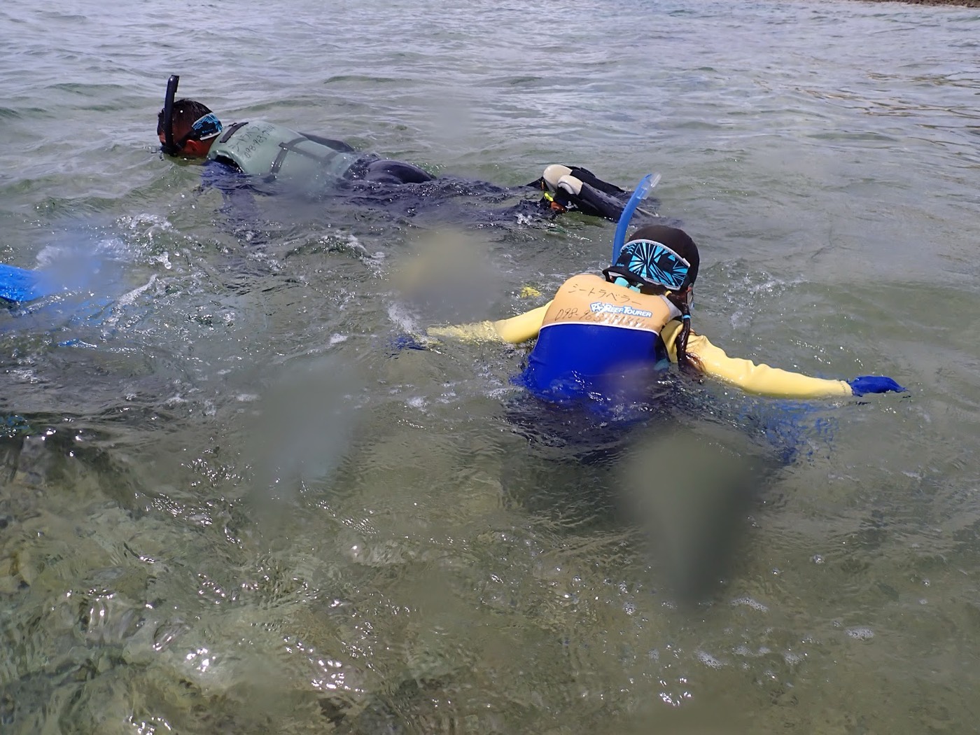 天然水族感で紹介する、ビーチでフィンとマスクを装着し、フィッティングを確認する準備風景