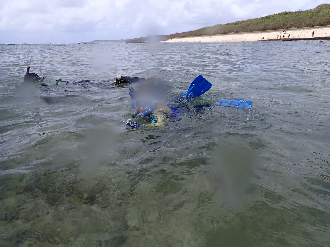 浅瀬でフロートにつかまりながら水に体を慣らす様子