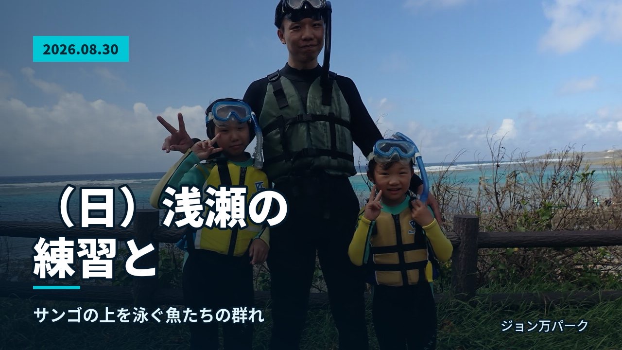 リーフを背景に器材を着けた参加者が浜辺に並ぶある一枚