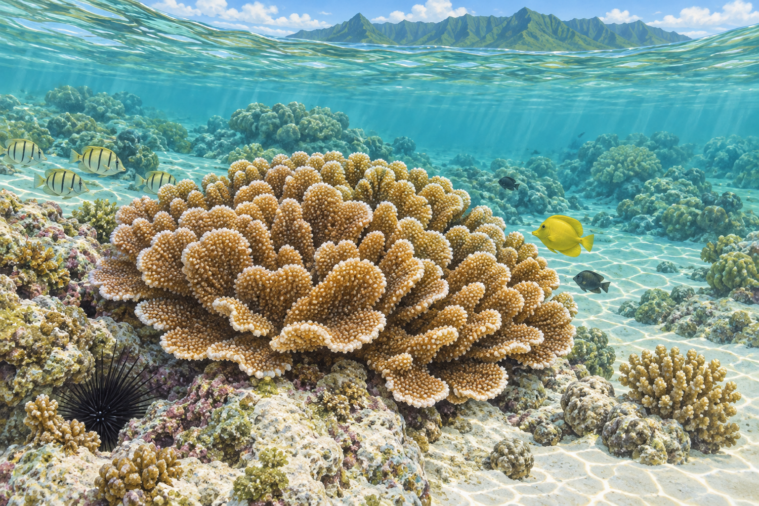 浅いサンゴ礁の環境を描いた説明用イラスト