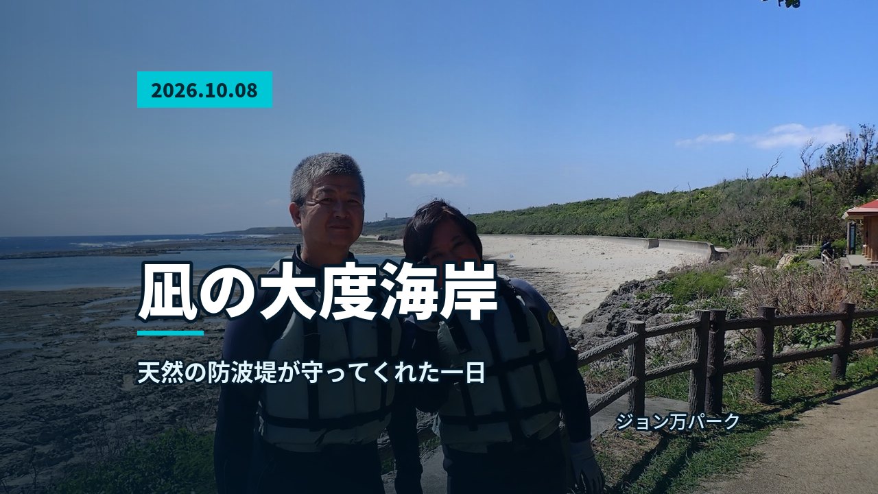 海岸でウェットスーツを着た年配の男女が笑顔でポーズをとる