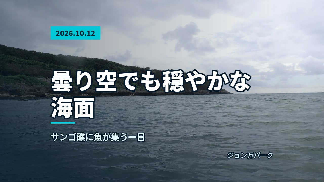 曇り空の下、広がる穏やかな海面と緑豊かな海岸線、ような自然景観