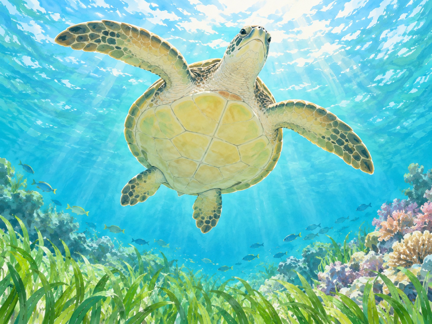 下から見たアオウミガメの淡いおなか側と前足を描いたAIイラスト