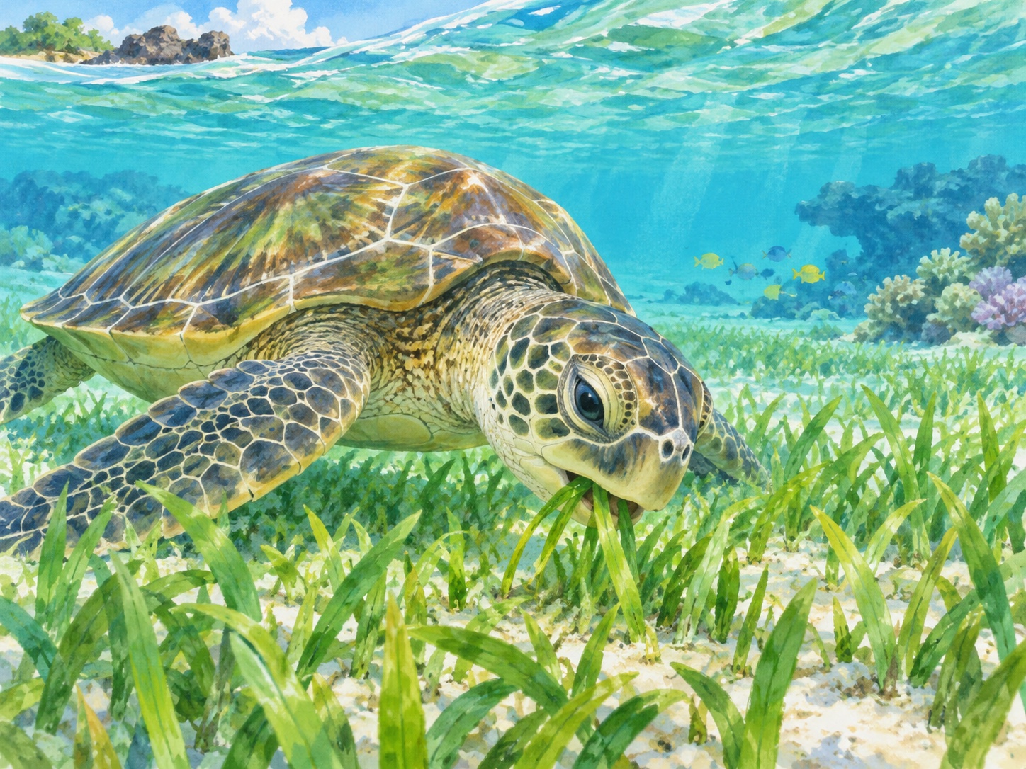 アオウミガメが海草を口でかじる場面を描いたAIイラスト