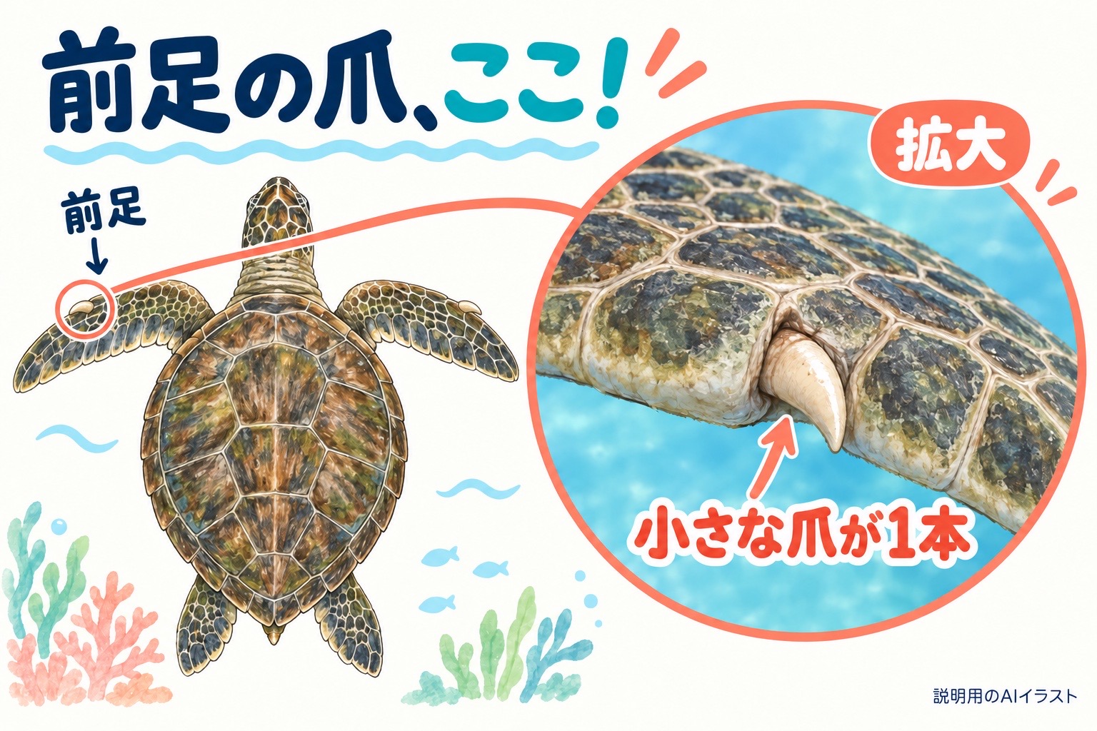 アオウミガメの前足の爪の位置と一本の爪を拡大したAI説明図