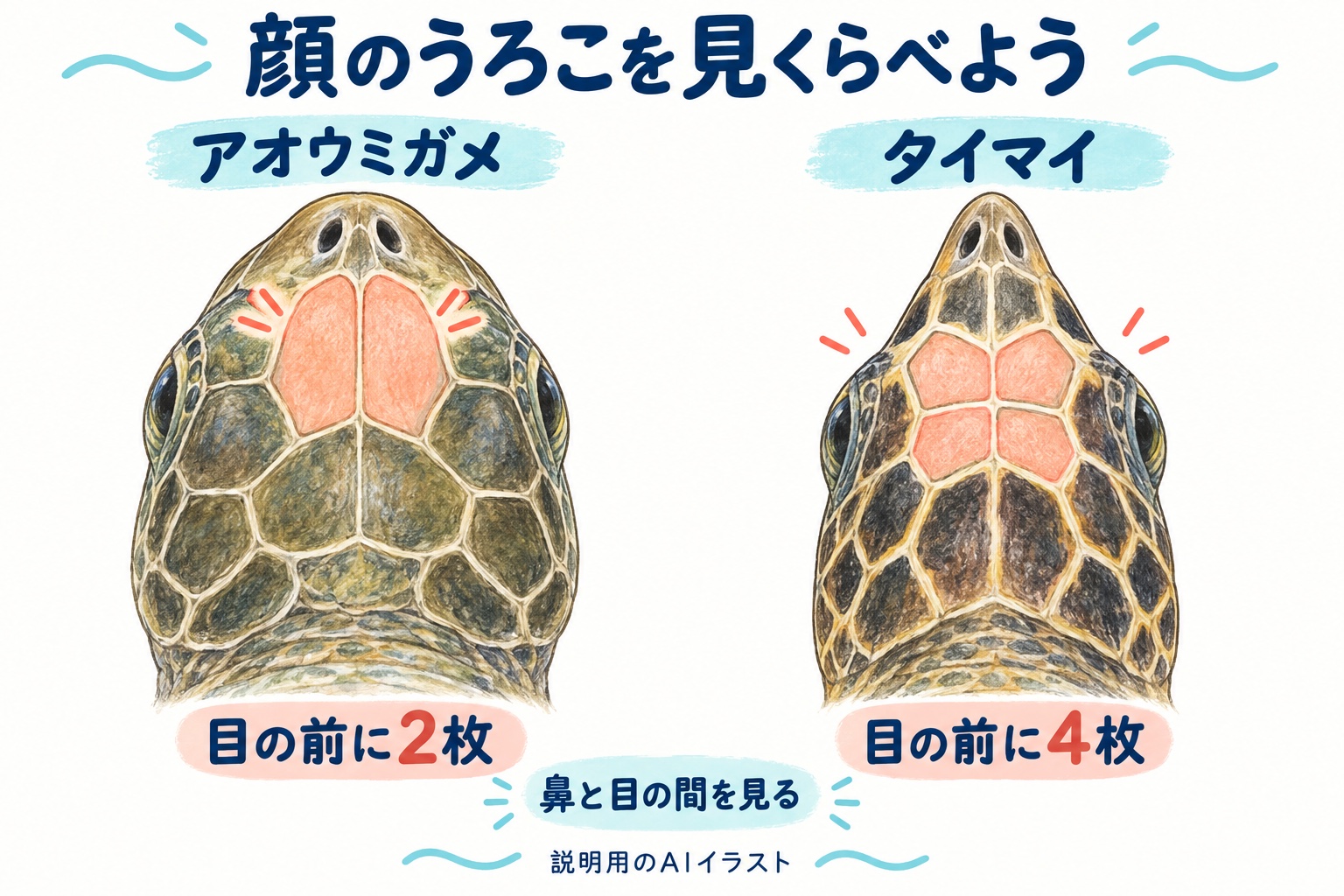 アオウミガメとタイマイの目の前のうろこを二枚と四枚で比べるAI図