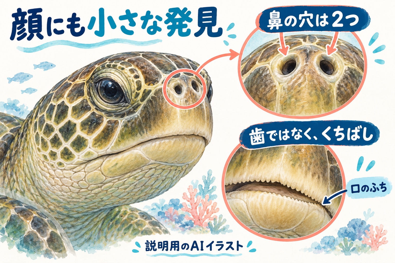 アオウミガメの二つの鼻の穴と角質のくちばしを拡大したAI図