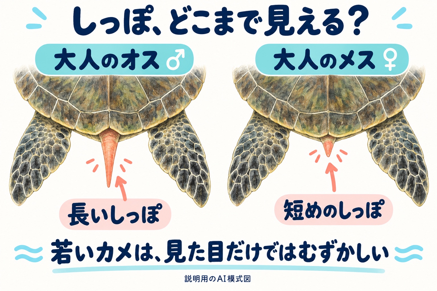 成熟したオスとメスの尾の長さの違いを色分けしたAI模式図