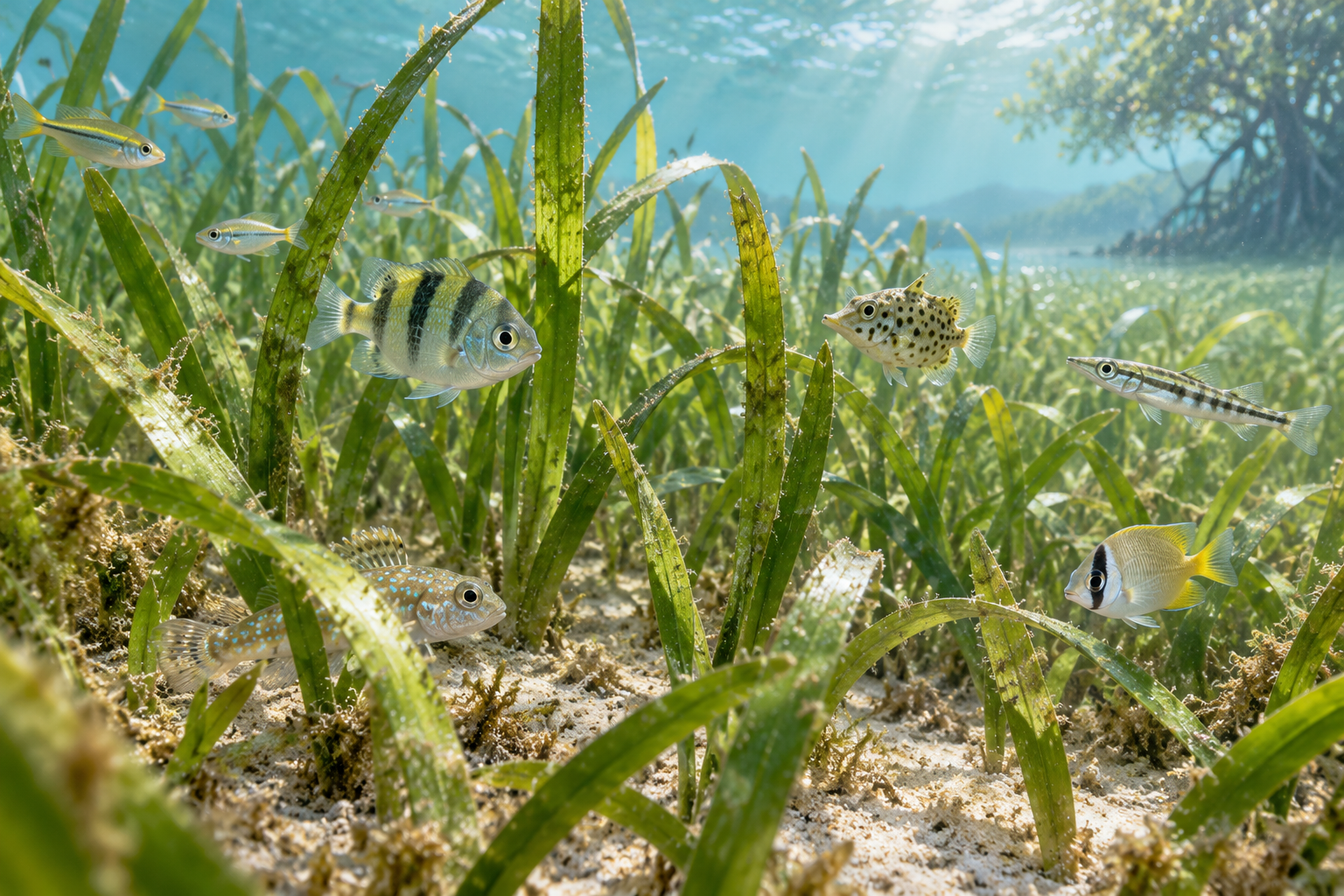 海草の茂る場所と開けた砂地を対比した説明用イラスト