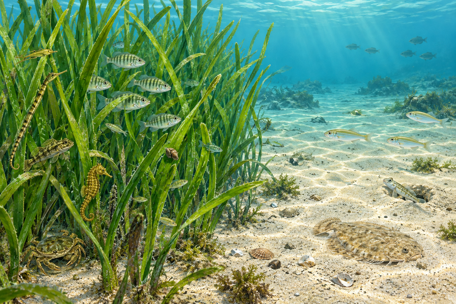 海草の葉の間を泳ぐ小魚のAI生成イラスト